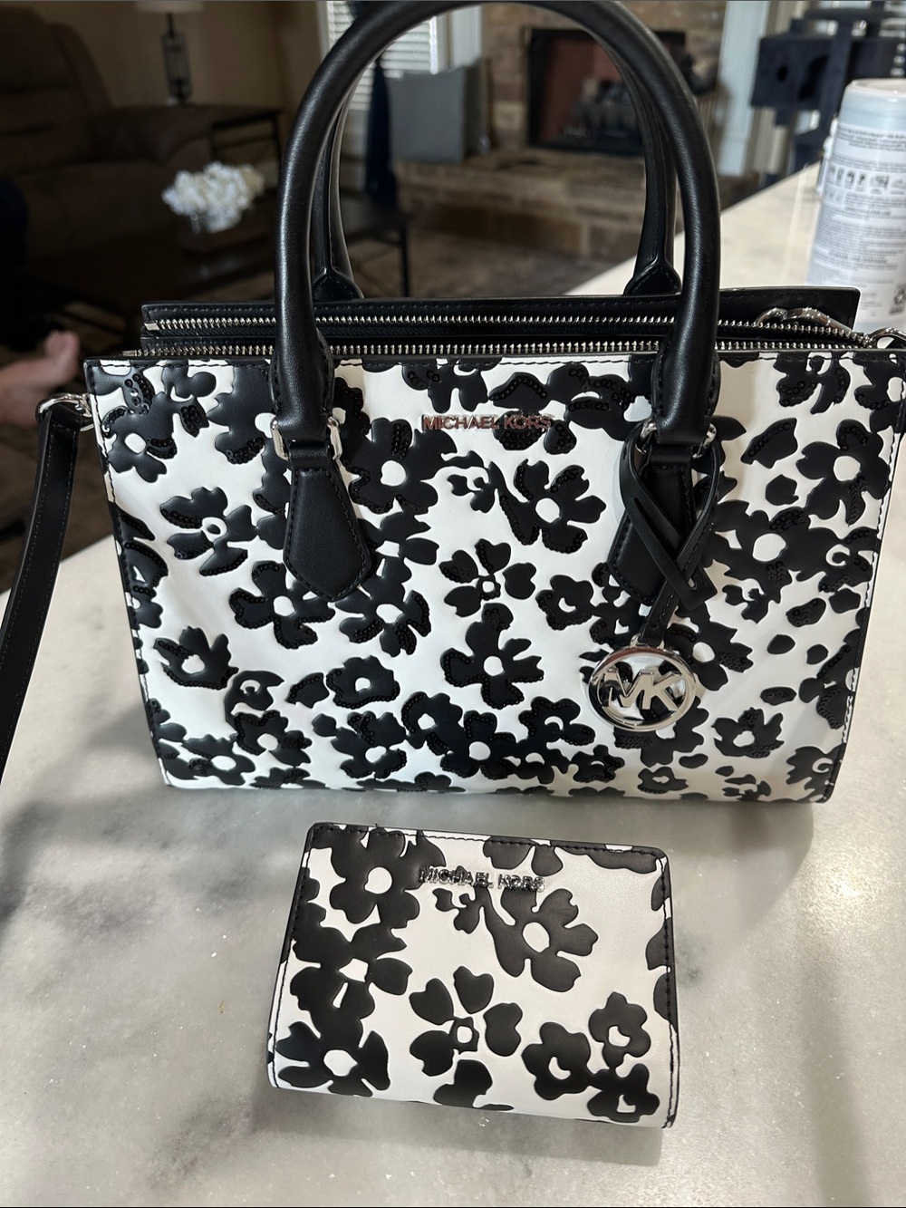 Michael Kors Black & White Floral Tote with Matching Wallet